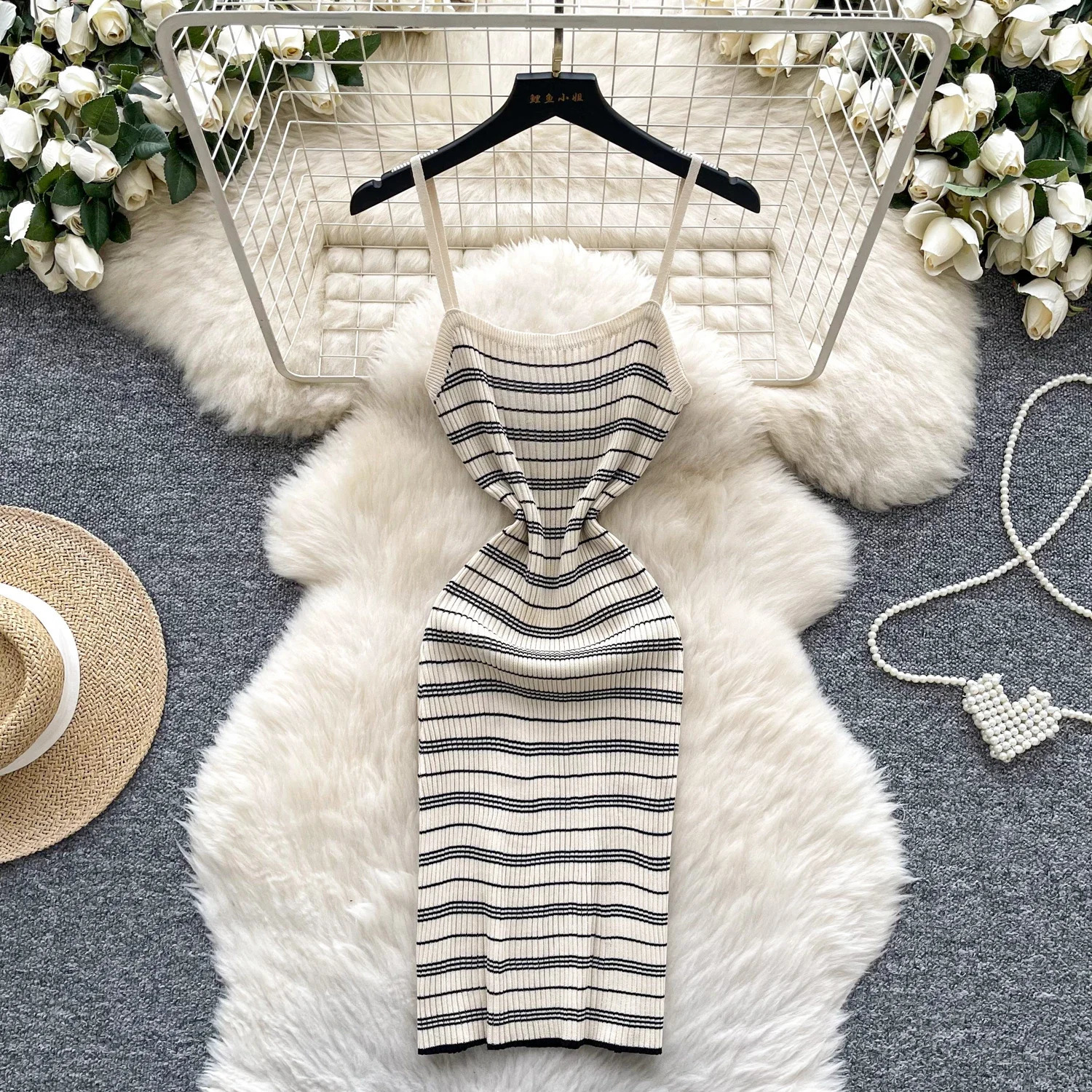 Chic Korean Summer Dresses for Women Vintage Striped Spaghetti Strap Femme Bodycon Knit Sweater Dress Vestidos De Mujer 250604