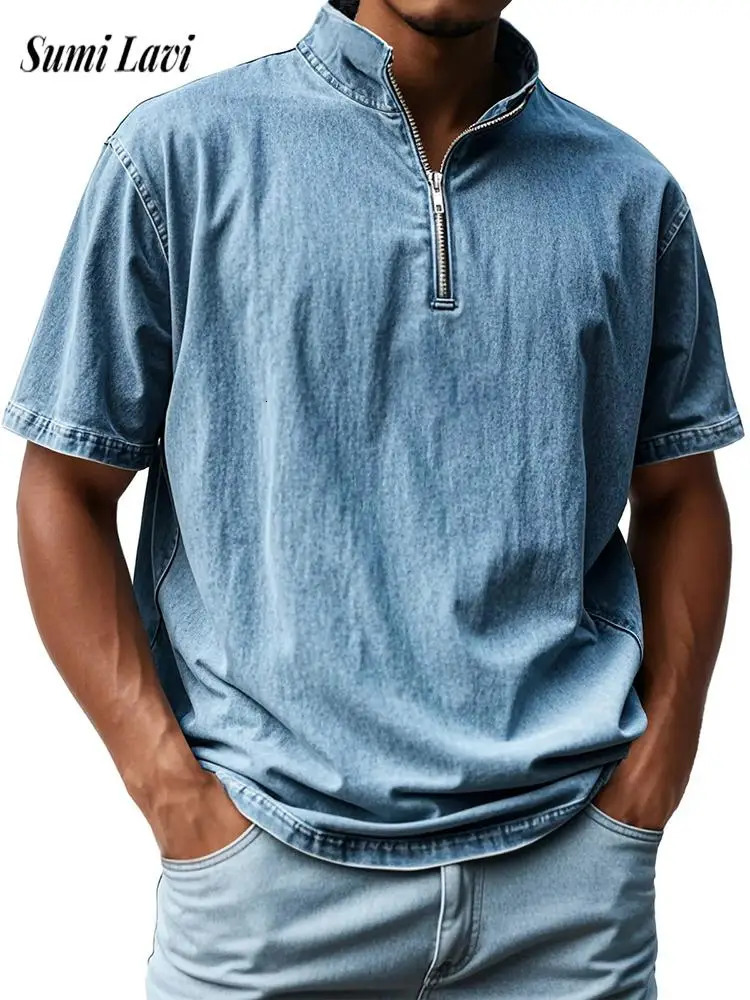 Vintage Loose Solid Color Polo Shirt Mens Fashion Zip-up Stand Collar Tops Men Summer Casual Short Sleeve Polo Neck Pullover Top 250530