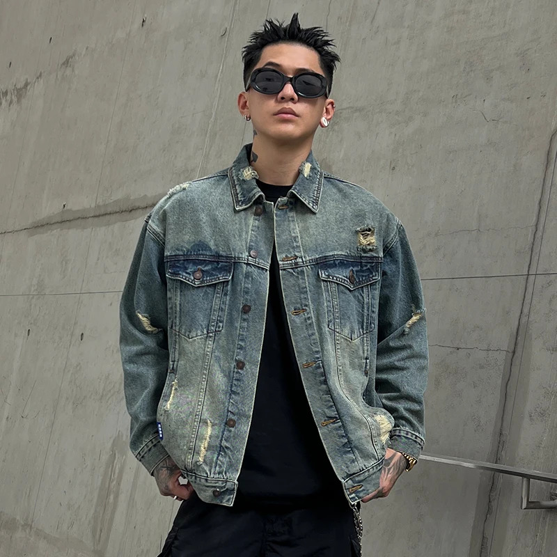 Spring Autumn Mens Streetwear Trendy Fashion Plus Size Loose Casual Vintage Ripped Denim Motorcycle Jacket Jeans Coat 250529