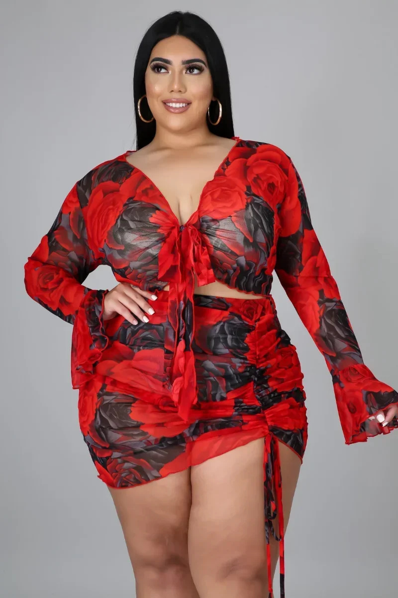 KEXU Sheer Print Mesh Women Plus Size Set Full Flare Sleeve Bandage Crop Tops Shirring Skirts Two Piece Sets Sexy Outfit Summer 250603