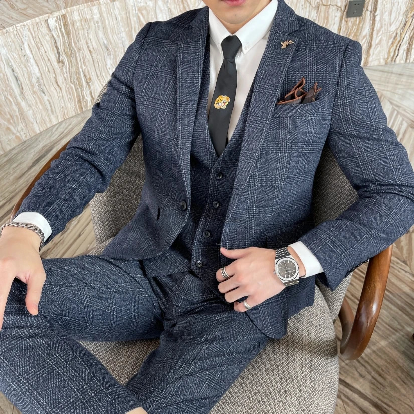 British Korean Style High Quality Modified Plaid Three-Piece Suit for Men - Stylish Business Casual Suit Vest And Trousers Set 250530