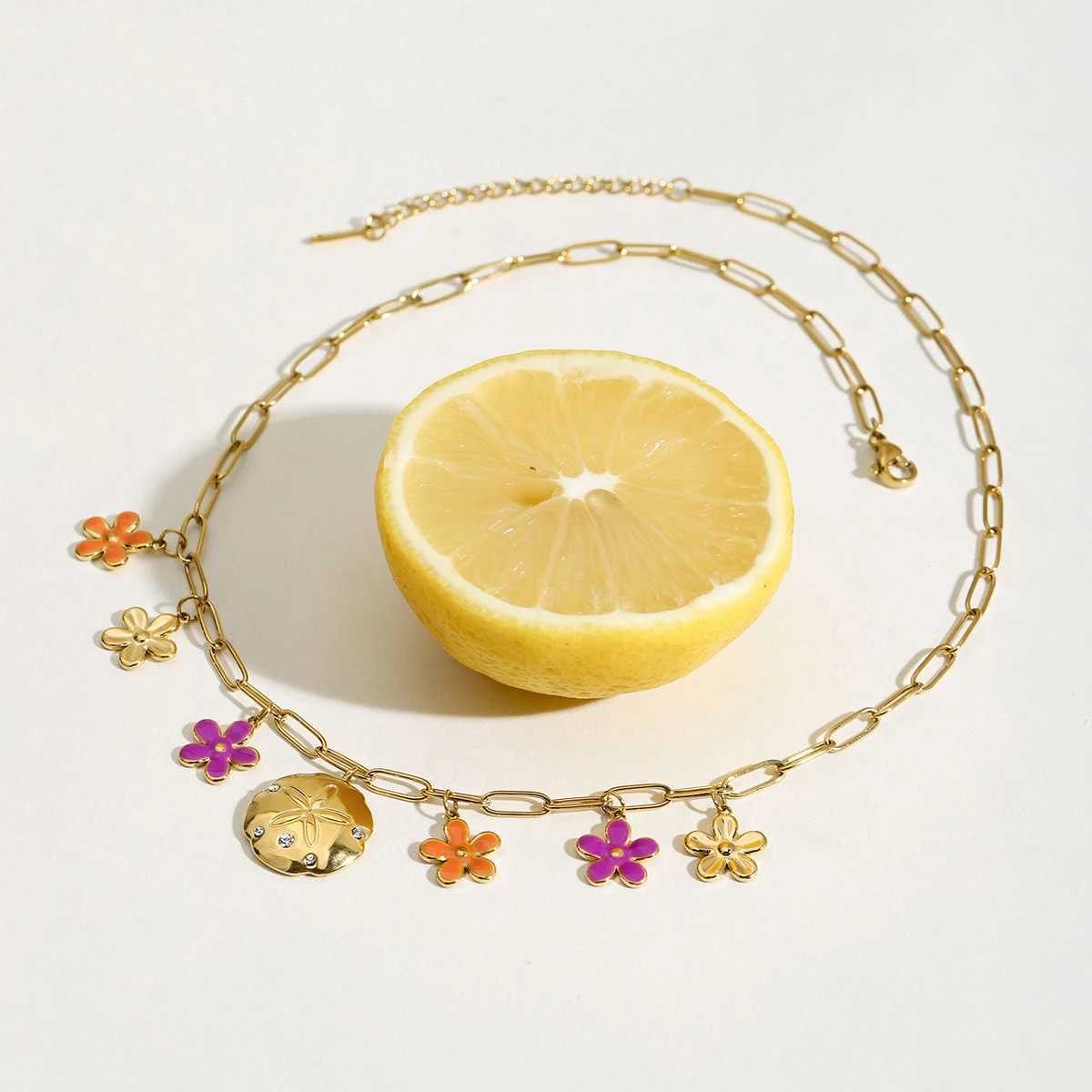 Zora Womens Holiday Style Colorful Oil Drop Flower Necklace 18K Gold-plated Stainless Steel Multi-Pendant Waterproof Jewelry XJ250604