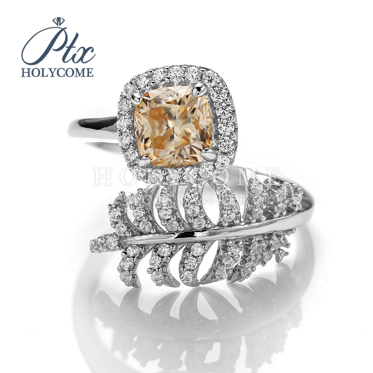 Custom 1CT Champagne Moissanite Finger Rings Jewelry Party Anniversary Feather Shape Gemstone Cushion Diamond 925 Silver Cluster Ring for Women