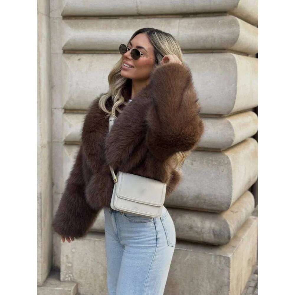 Heart Shaped Short Fur Coat Coffee Deep V Lapel Fashion Elegant Furry Overcoat Top Women's Warm Plush Outwear Streetwear