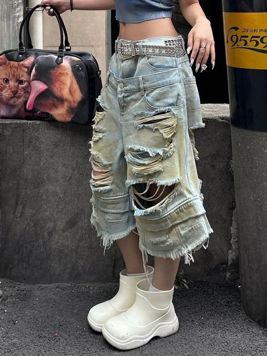 Retro Double Waist Wash Old Ripped Jeans for Women Fashion Street Wideleg Cropped Pants Harajuku Y2K Shorts 250604