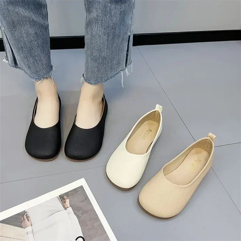Womens Slip on Leather Loafers Spring Autumn Fashion Ballet Shoes Ladies Casual Round Toe Cute Flats Nurse Shoes Sneakers 250603