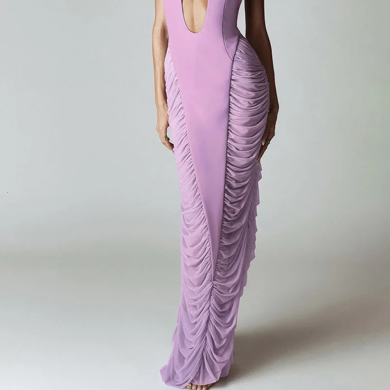 VEITCHE Summer Women Halter Deep V Neck Sexy Maxi Purple Dress Gown Patchwork Mesh High Waist Ruched Club Party Long Dress 250604