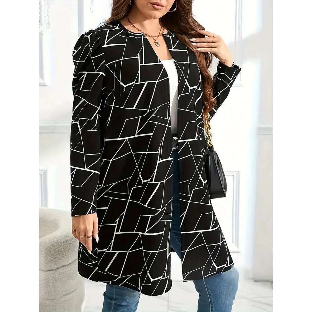GIBSIE Plus Size Geo Print Open Front O-Neck Coat Women Spring Autumn Black Elegant Long Sleeve OL Female Loose Coats