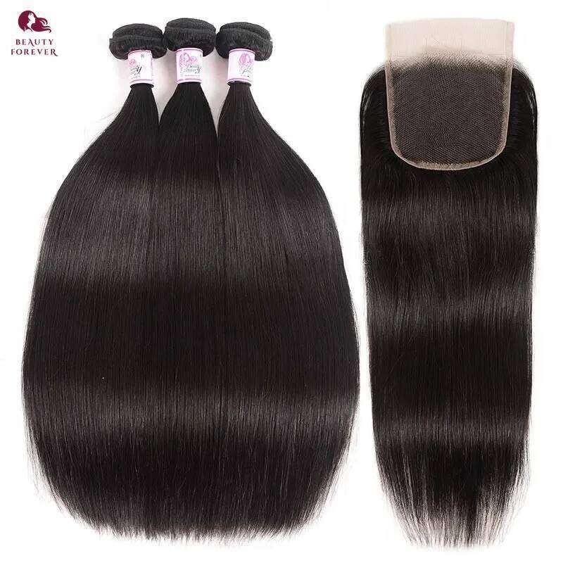 Beautyforever Grade 12A Straight Bundles Brazilian Unprocessed Human Hair Weft With 4x4 Lace Closure