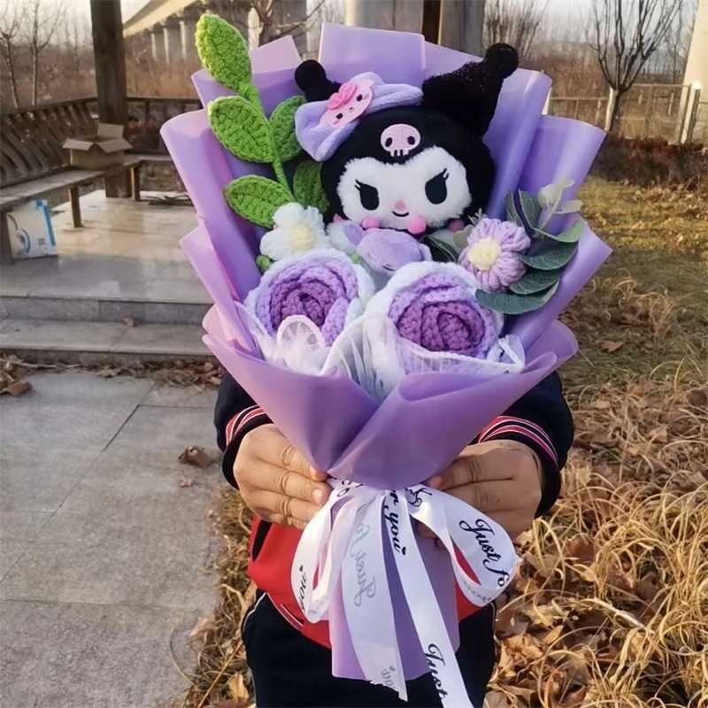 Graduation gift Kuromi Hello Kitty Kuromi Cinnamoroll Plush Bouquet Handmade Knitting Rose Gift Mothers Day Girl Friend Giftsw250605
