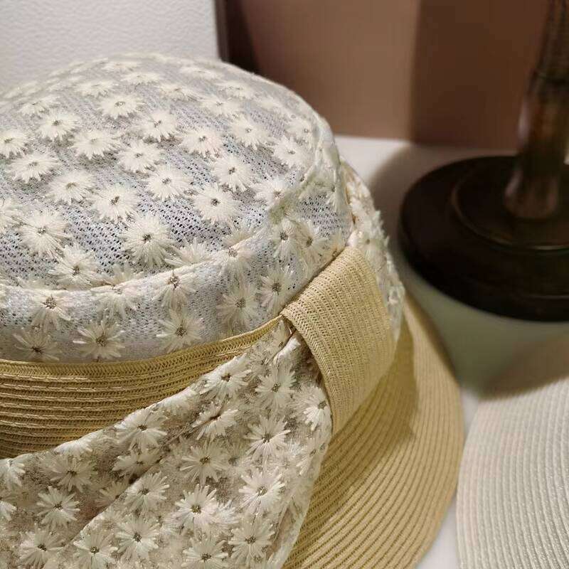 Leisure Sun Visor Straw Lace Floral Beach Bow Foldable Bucket Hat