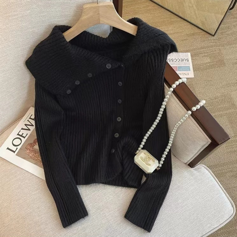 Irregular Collar Knit Cardigan for Women 2025 Spring and Autumn New French Style Off-Shoulder Slimming Long Sleeve Top