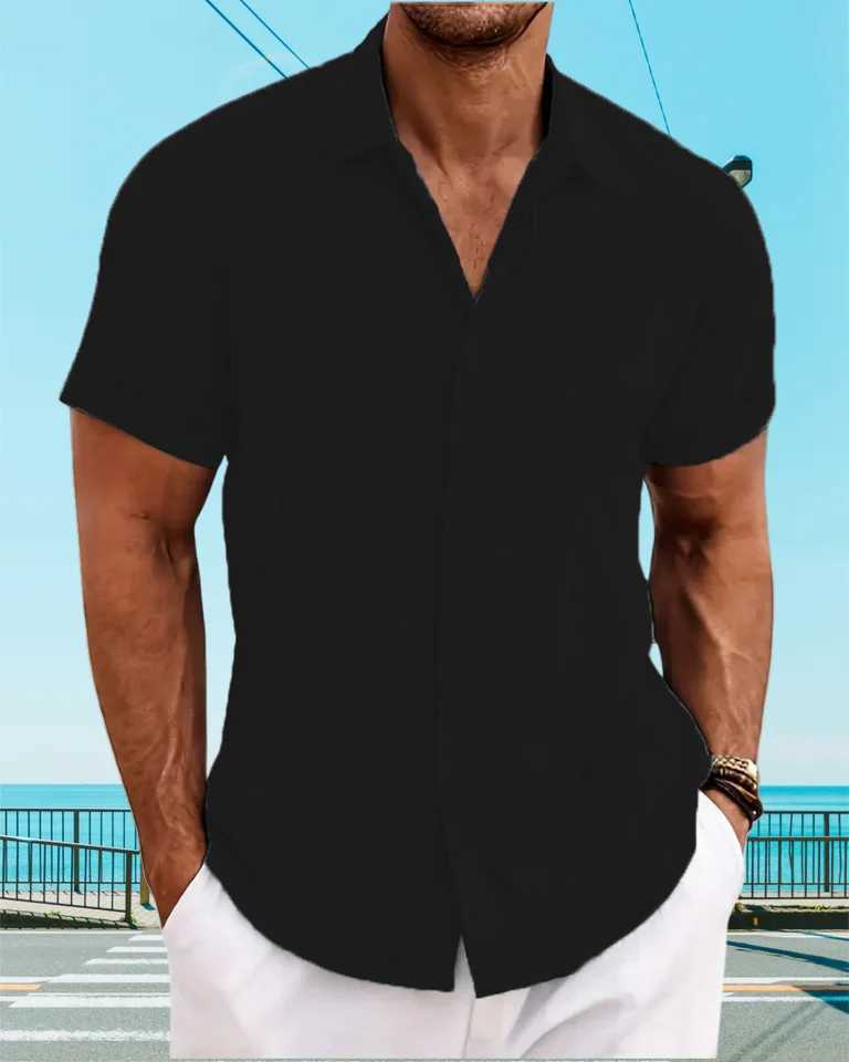 2025 New Mens Summer Hawaiian Daily Versatile Casual Solid-Color Lapel Cardigan Comfortable Beach Short-Sleeved Shirt Top XJ250605