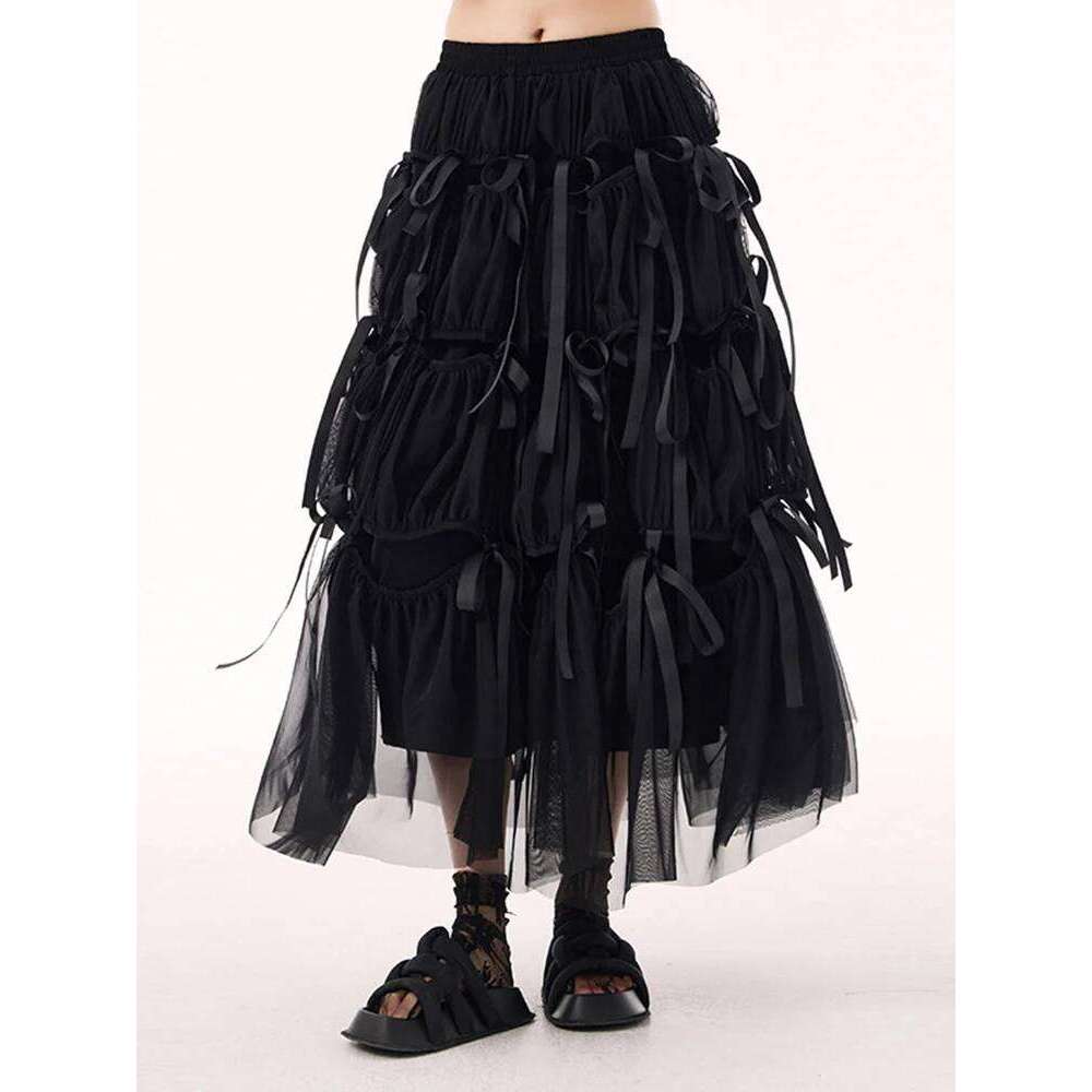 EAM High Elastic Waist White Mesh Bangage Color-Block A-Line Half-Body Skirt Women Fashion Tide New Spring Autumn 2025 1Dh9504