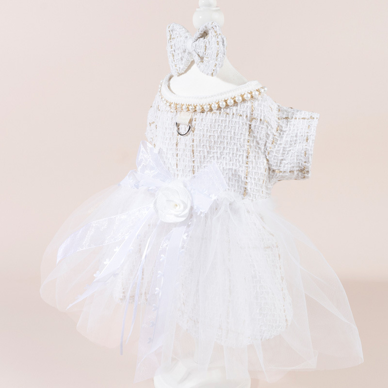 Tweed Dog Dresses with Leash Ring, Pearls Dog Wedding Dress, Bow Flower Puppy Clothes for Small Pet Girl Multi-Layer Lace Tutu Cat Outfit for Kitten C