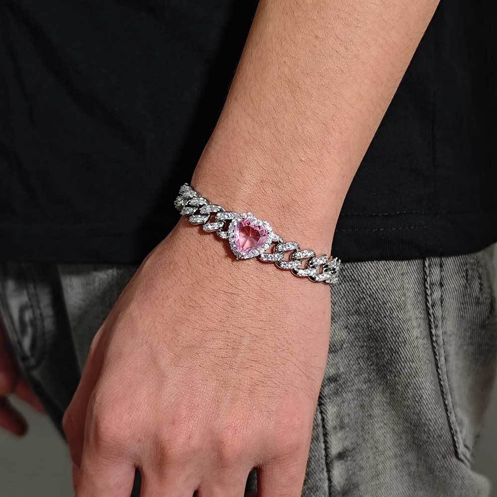 10mm Pink Moissanite Heart Bracelet Accessories Hip Hop Heart Cuban Chain Womens Bracelet