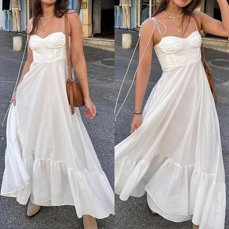 VEITCHE Summer Elegant Women White Long Dresses Evening Party Butterfly Midi Dress Ladies Fashion Pleated Slip Vestidos 250604
