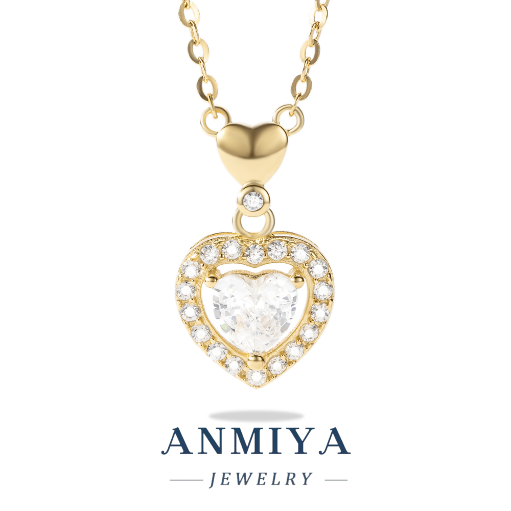 Classic 925 Silver Jewelry Heart Zircon Inlay Pendant Necklace with Heart Shackle for Anniversary Gifts
