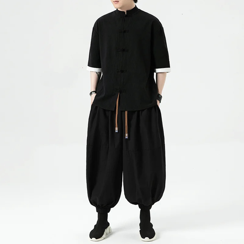 Summer Men Wide Leg Pants Men Dark Wind Solid Color Casual Pants Japanese Styles Harun Pants Men Cotton Linen Lantern Pants 250604