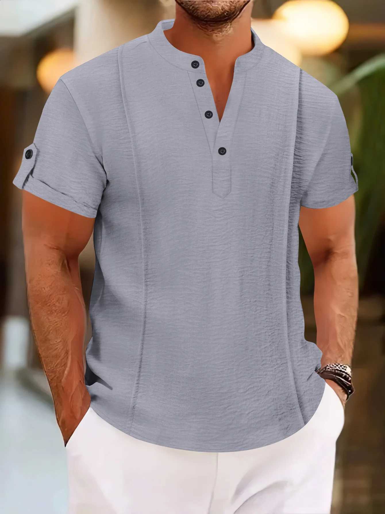 Mens Summer New Style Standing Collar Short-Sleeved Polo Shirts Double Button Front Casual Outdoor Beach Wind Solid Color Tops XJ250605