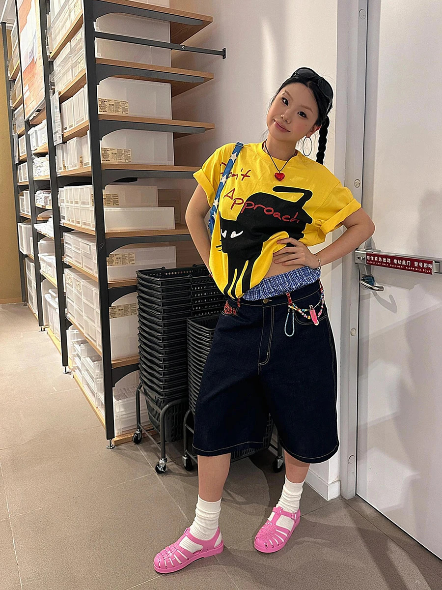 REDDACHiC Harajuku Women Plaid Spliced Denim Shorts Vintage Wash Oversize Trousers Low Waist Baggy Jeans Jorts Y2k Streetwear 250604