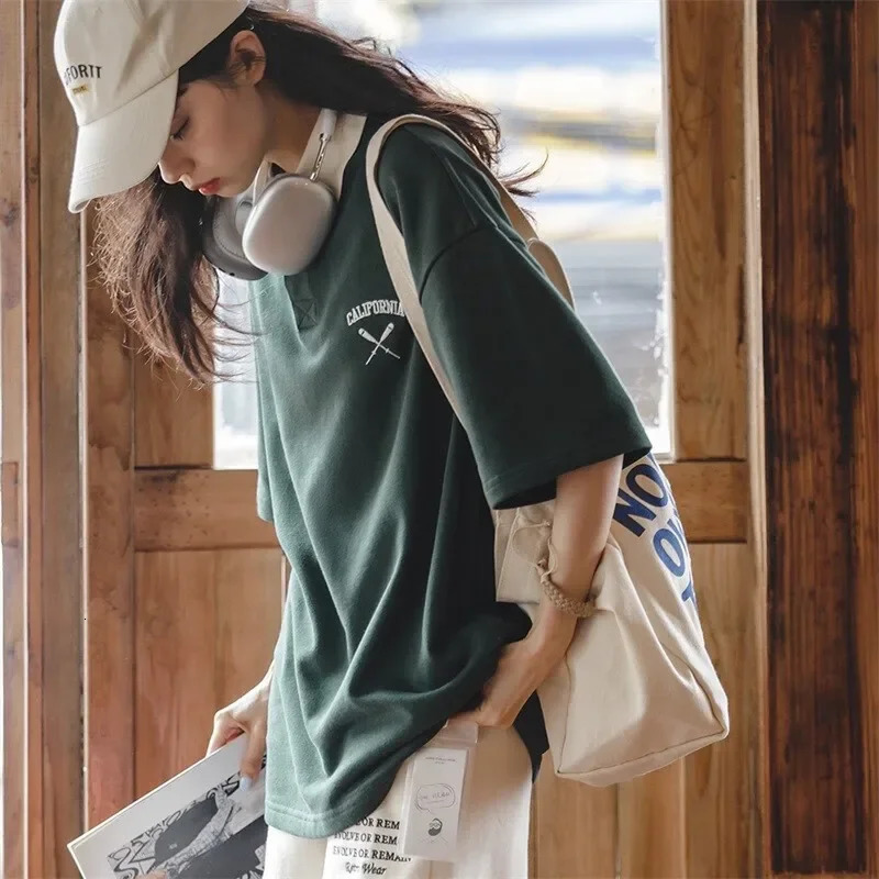 Maden Vintage Lapel College Short Sleeve Polo Shirts for Women Loose Knitted Big Size Golf Tee Summer Casual Cotton Tshirt 250604