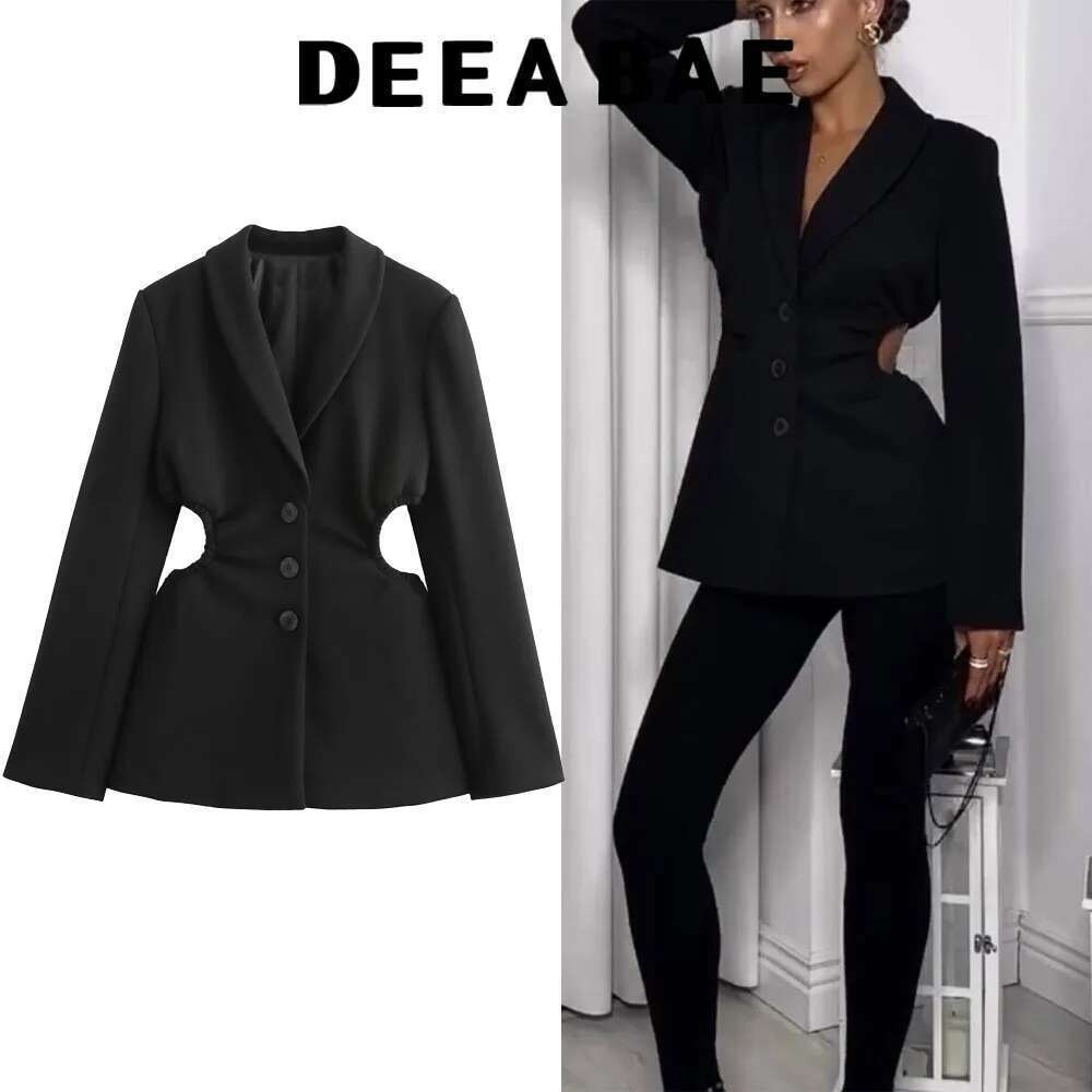Coats Designer Women Woman Clothing New Style, Niche Design, Hollowed Out Waist Exposed Long Sleeved Black Suit, Dress Designer