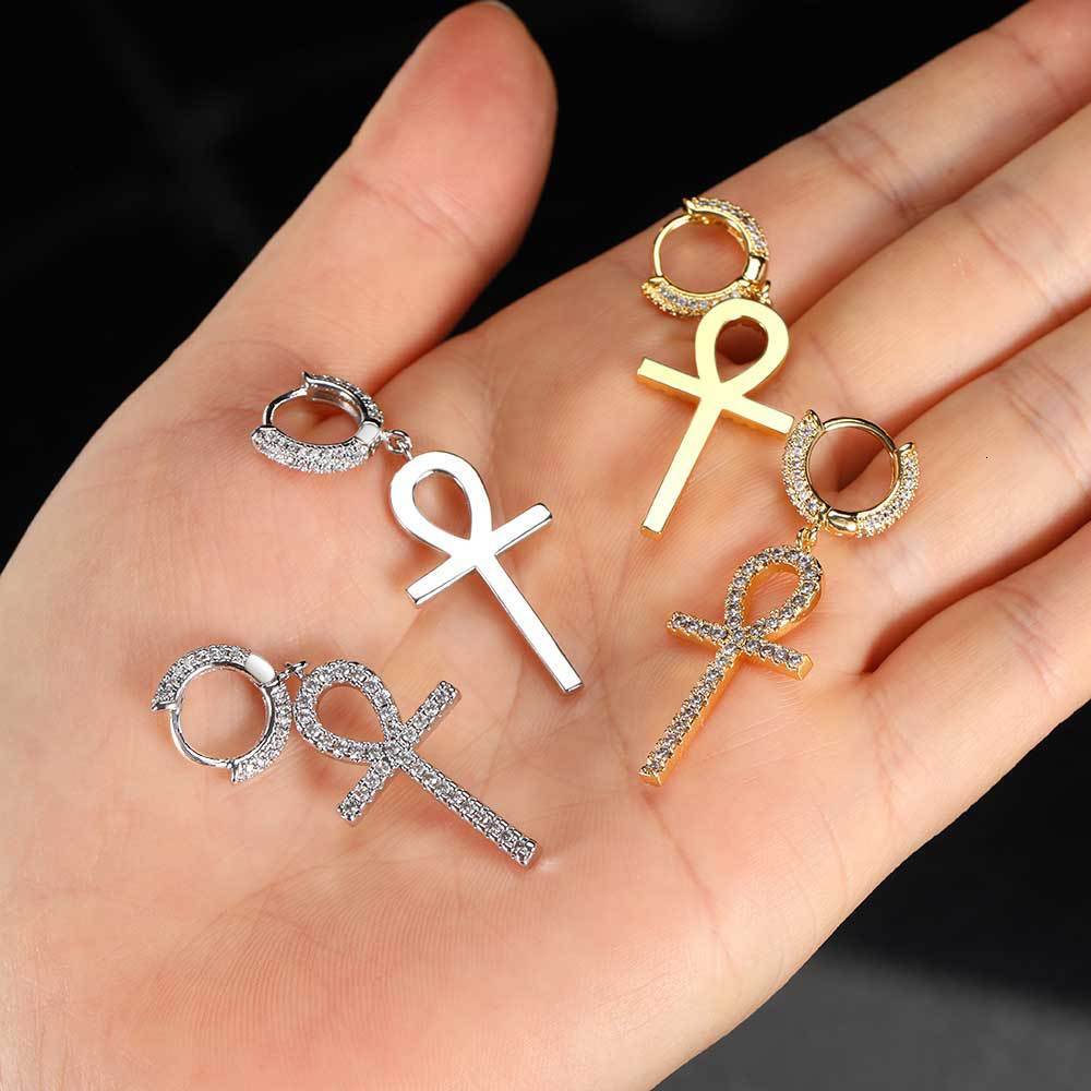New hip hop Earrings Anhe key Cross Earrings mens and womens Micro set zircon personalized Anka Earrings moissanite