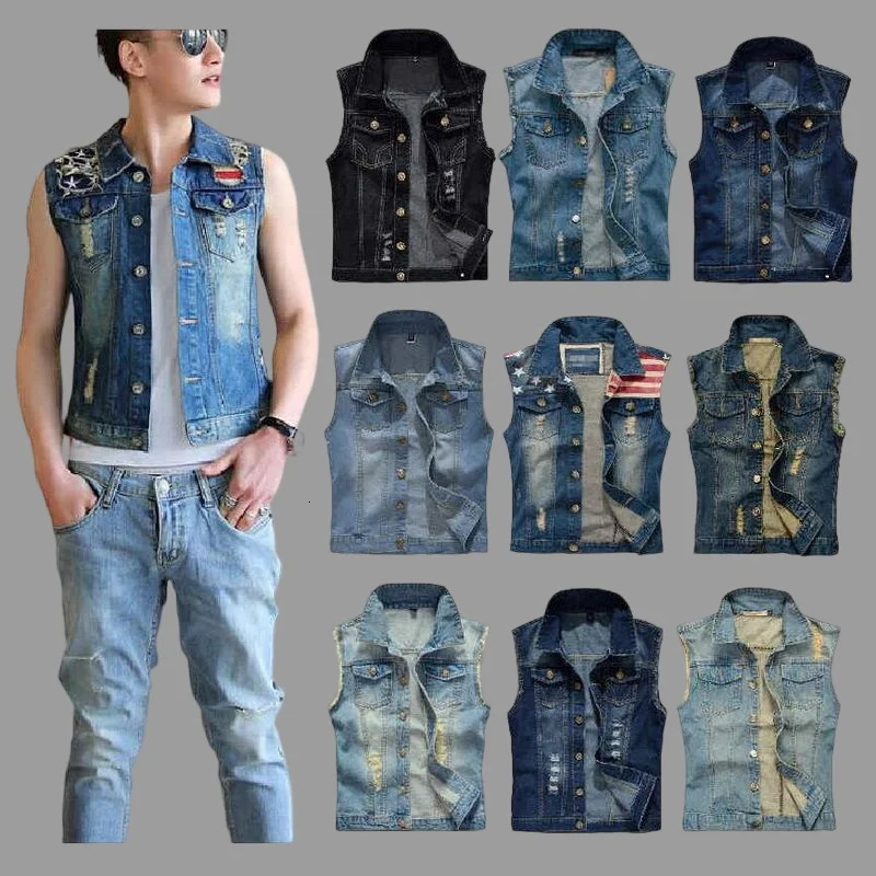 Men Sleeveless Ripped Jean Jackets Denim Vests Cowboy Waistcoat Multiple Colors Slim Type 250605Z