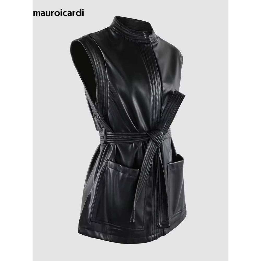 Mauroicardi Spring Short Black Soft Pu Leather Vest Women with Side Slit Sashes Stand Collar Chic Sleeveless Jacket 2025