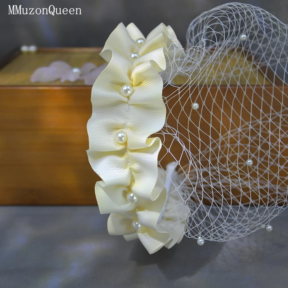 MMQ Women Veil Fishbone Line With Headband Pearl Bridal Hair Accessories Vintage Po Accessory MA11 250530
