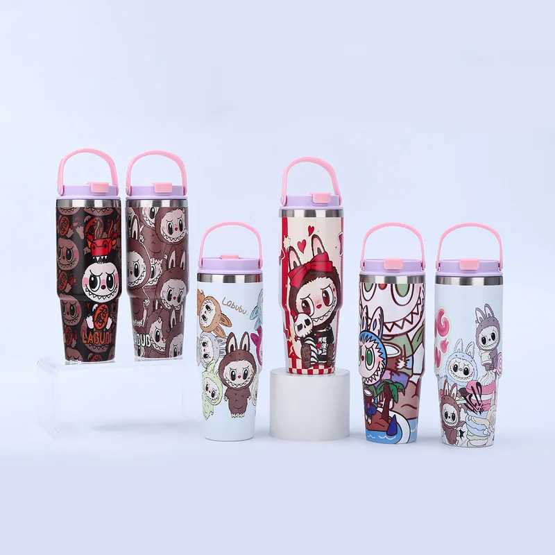 2024 New Cartoon Pattern Handheld Labubu Car Cup Stainless Steel Insulated Cup High Beauty Car Straw Ice King Cup Christmas Gift X2506051