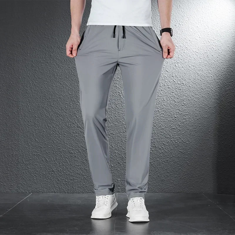 2024 Summer Soft Ice Silk Fabric Mens Thin Casual Pants Koreanstyle Fashion Straight High Stretch Trousers Male 250605Z
