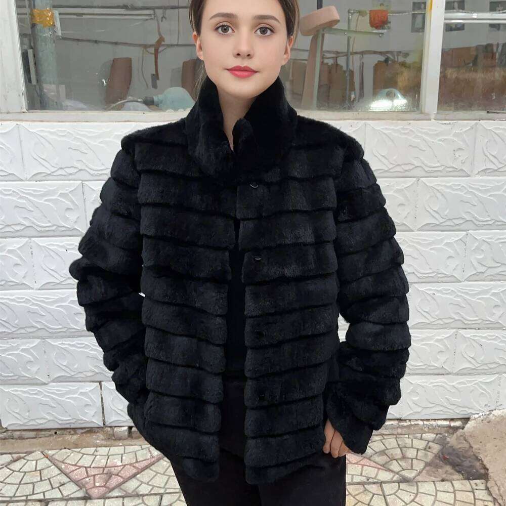 Fancy Rani Rex Rabbit Coat Women Winter Jacket Real Leather And Fur Clothing Female Outerwears With 2024 Black Cold
