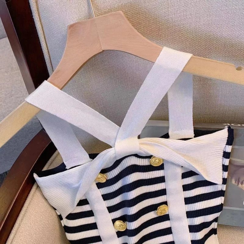 Woman Halter Sleeveless Bodycon Dress Womens Slim Temperament Striped Mini Dresses Summer Knit Fashion Dress 250604