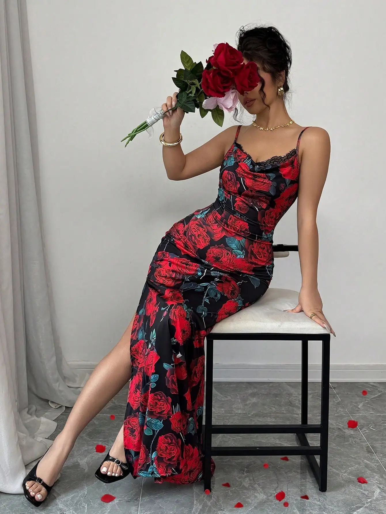 Valentines Day rose elegant tight suspender lace splicing small collar print multicolor spring and summer womens long dress 250604