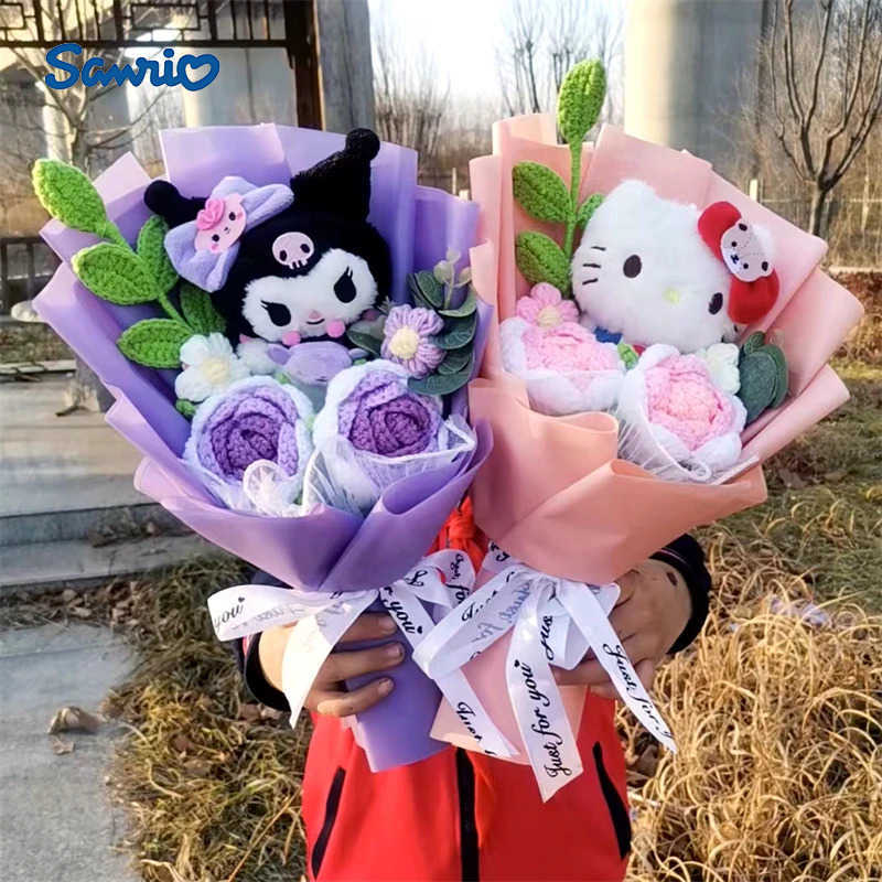 Graduation gift Kuromi Hello Kitty Kuromi Cinnamoroll Plush Bouquet Handmade Knitting Rose Gift Mothers Day Girl Friend Giftsw250605
