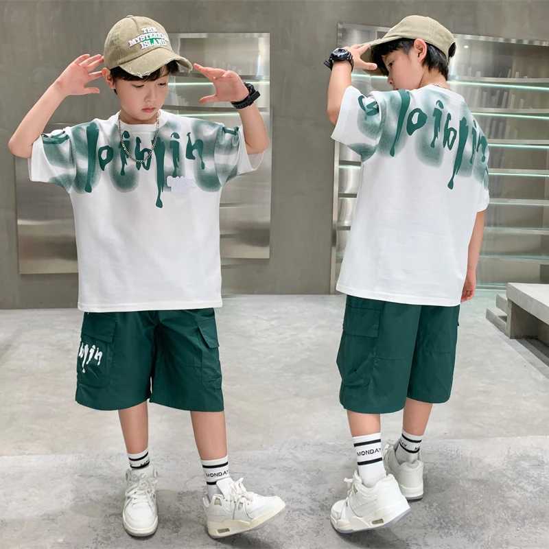 Stylish Tween Boys Clothes Set Summer Kids Sport Short Sleeve T-shirt Shorts 2 Pieces Suit Teens Child Outfit with Letter Print R250605