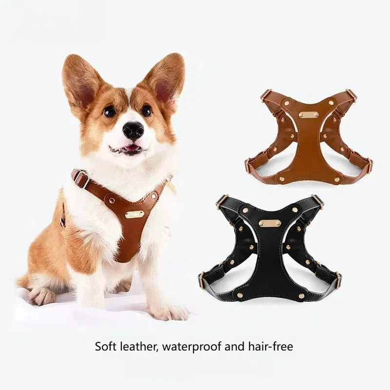 Adjustable Soft Leather Pet Harness and Leash Set for Small to Medium Dogs, Waterproof & Anti-shedding Design