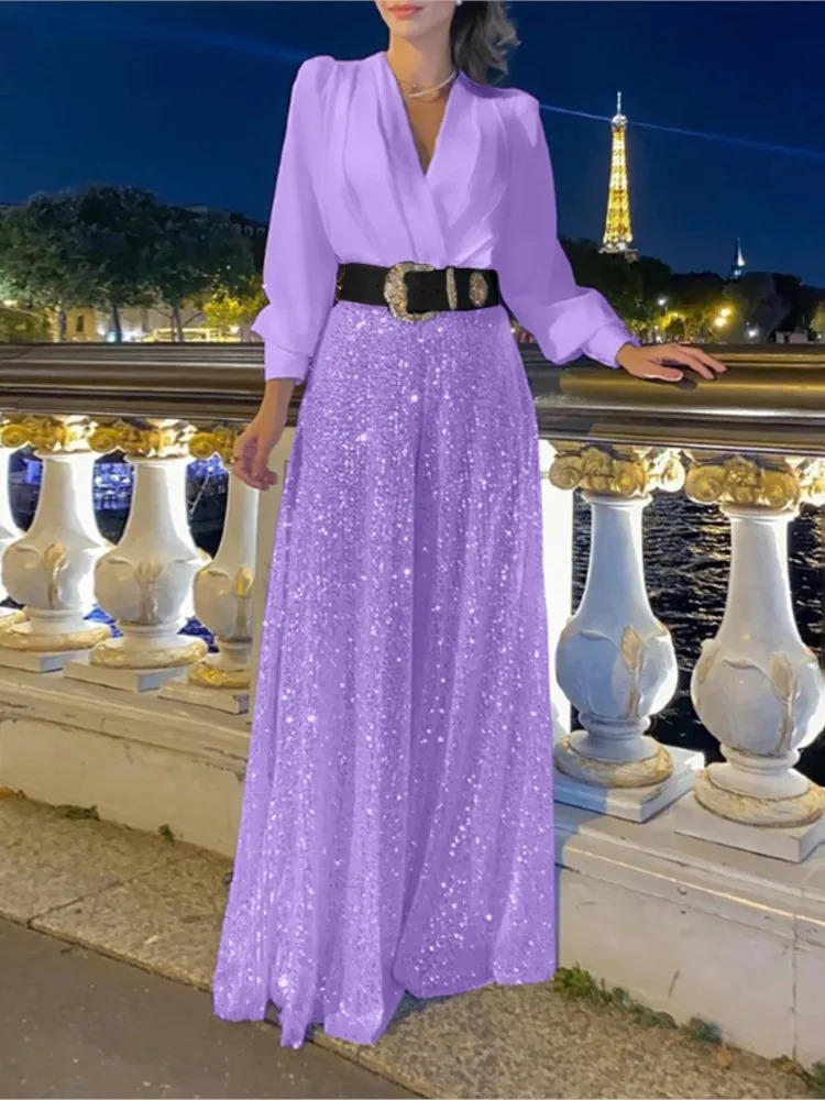 Womens Fall Fashion V-neck Long Sleeved Shirt Elegant Sexy V-neck Waist Slimming Sequin Wide Leg Jumpsuit Set 250603