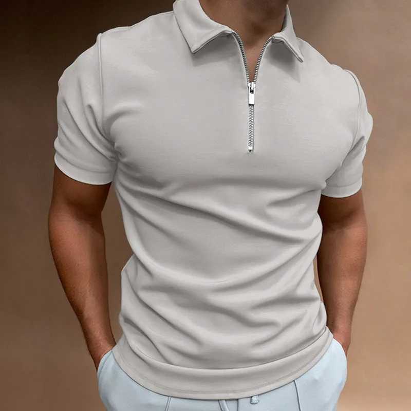2025 Summer Mens Solid Color Polo Shirt Short Sleeve Turn-Down Collar Zipper T-shirts For Men Casual Streetwear New Male Tees XJ250605