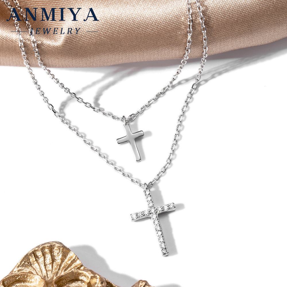 Minimalist 925 Silver Jewelry Double Layered Chain Cross Pendant Necklace with Zircon Inlay for Office and Casual Wear