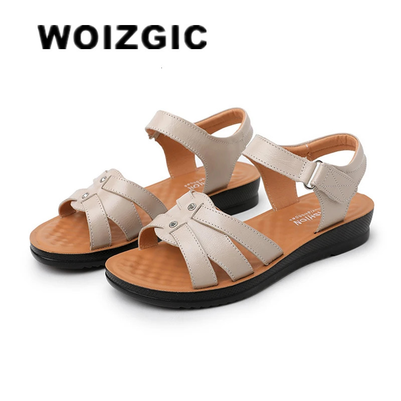 WOIZGIC Womens Genuine Leather Sandals Platform Shoes Non Slip Summer Cool Beach Hook Loop Plus Size 42 43 250605
