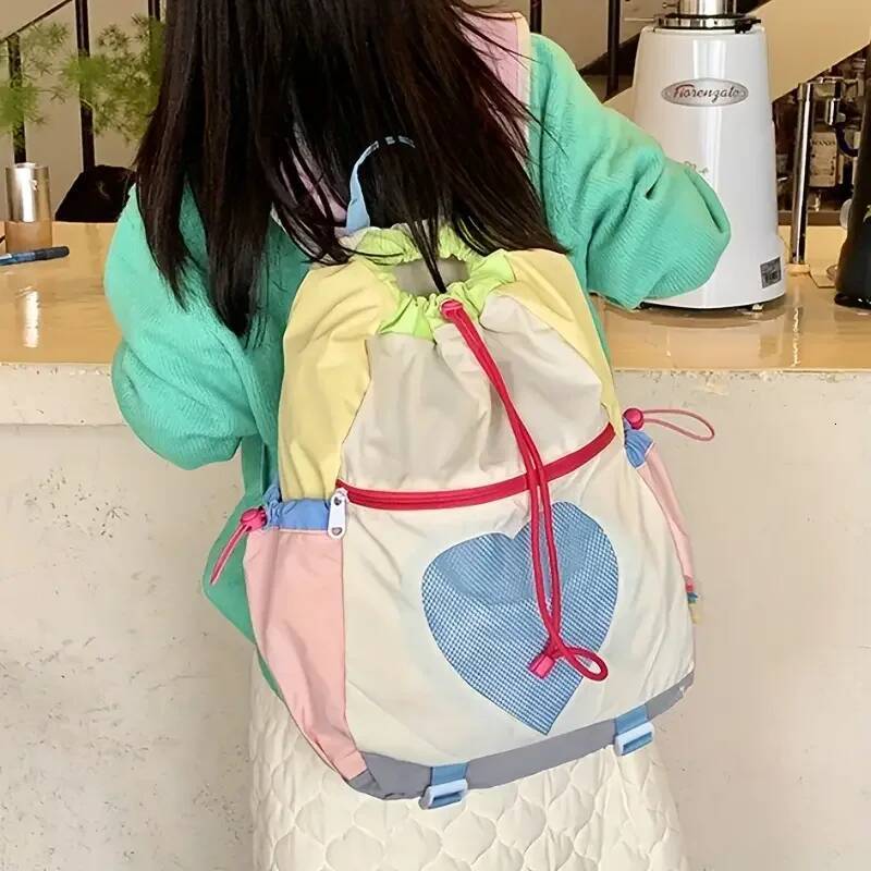 Women Girls Color-Block Laptop Backpack Nylon Drawstring Adjustable Strap Rucksack For Travel School