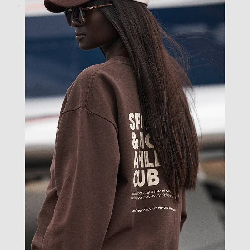 Front And Back Letter Printed Fleece Round Neck Women's Hoodie