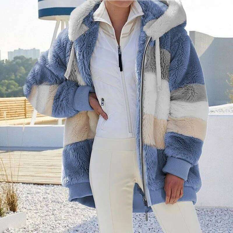 2024 Autumn Winter Warm Plush Patchwork Zipper Pocket Hooded Loose Coat Women