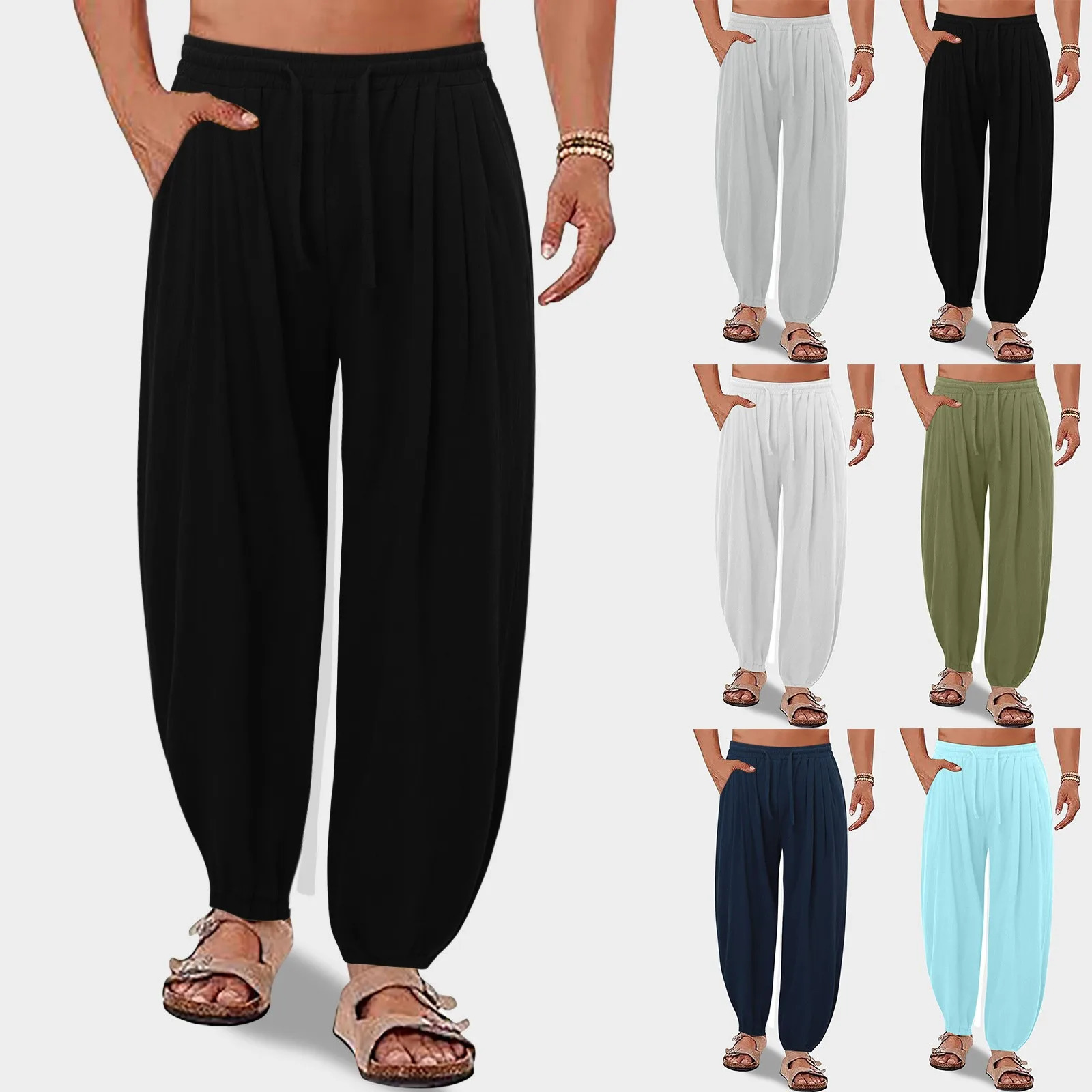 Mens Linen Yoga Pants Elastic Waist Beach For Men Casual Harem Joggers Sweatpants Solid Loose Fit Baggy Trousers 250605Z