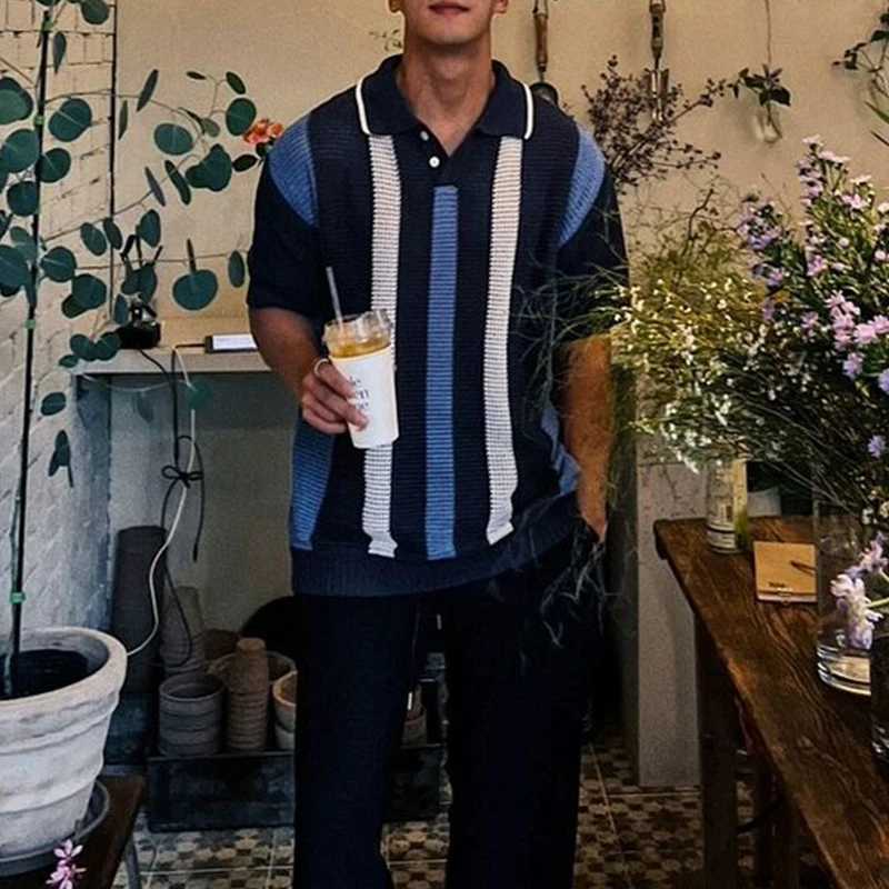 Stylish Striped Hollow Out Knit Polo Shirts Mens Vintage Polo Collar Button Knitted Tops For Men Summer Casual Breathable Polos XJ250605