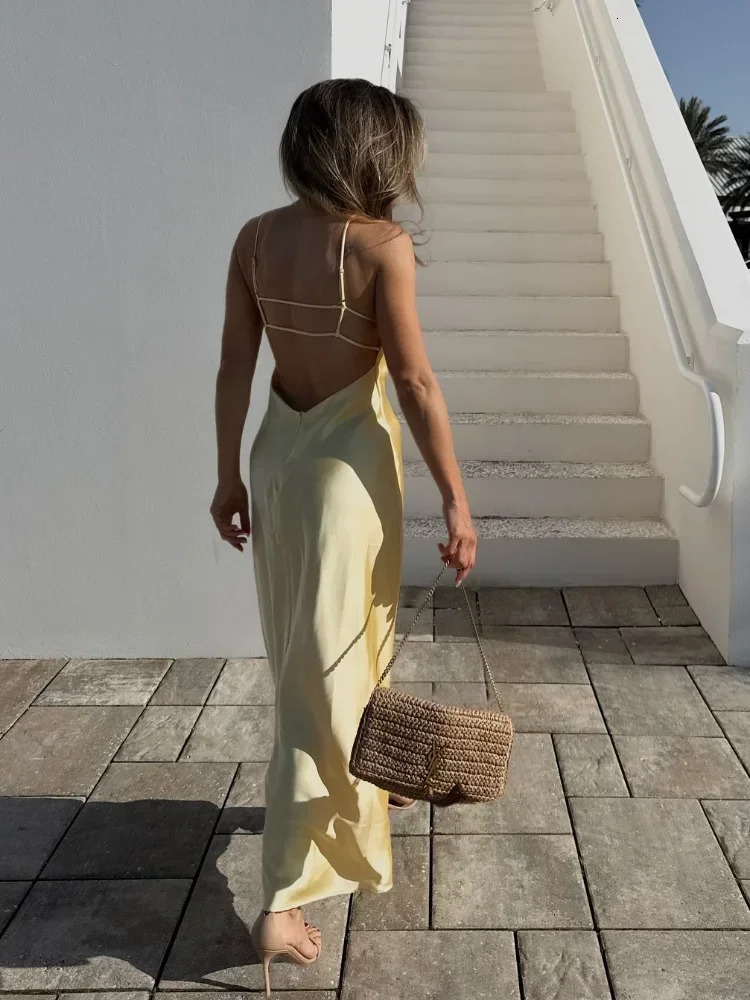 Elegant Yellow Satin Sling Dresses Women Sexy Sleeveless Backless Loose Party Lady Slim Fit V Neck Club Evening Robes 250604