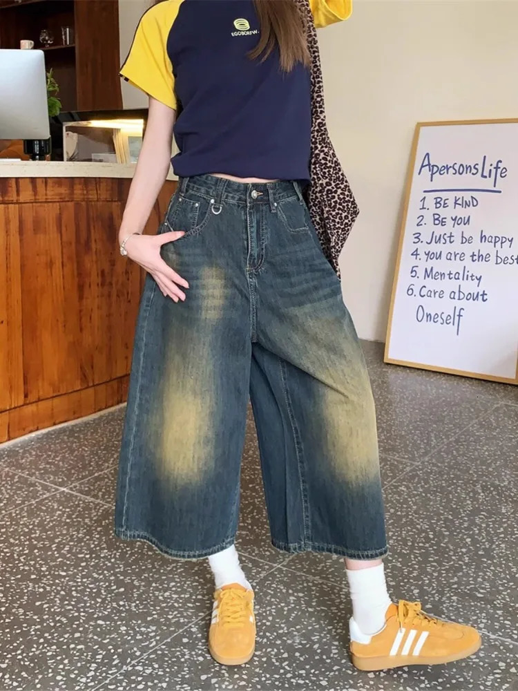 Retro Blue Wide Short Jeans Women Baggy Y2k Jorts Casual Vintage Streetwear Harajuku Korean Style Denim Shorts Basic Summer 250604